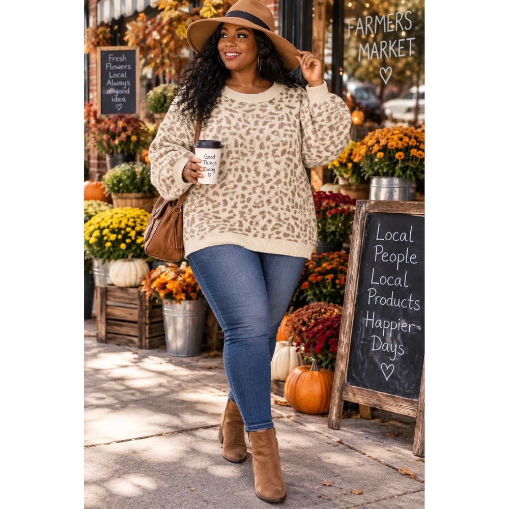 Jodifl Womens Leopard Print Oversized Crewneck Sweater Cream Tan 1X H8392-PLUS